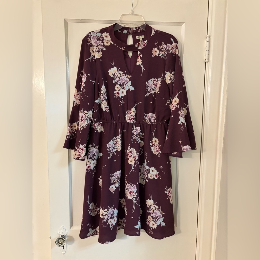 Burgundy Floral Skater Dress Bell Sleeves Keyhole Neck Plus Size 1X